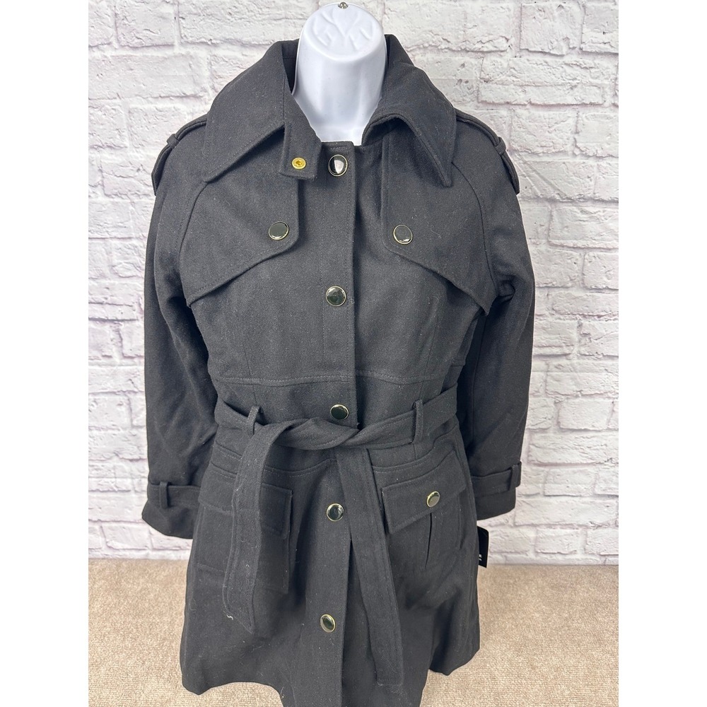 Robert Philippe Vintage‎ Black Wool Blend Hooded Belted Trench Coat Size 2XL